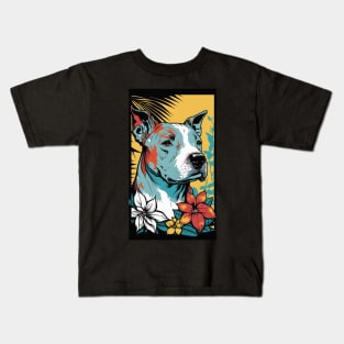 American Staffordshire Terrier PitBull Dog Vibrant Tropical Flower Tall Retro Vintage Digital Pop Art Portrait 3 Kids T-Shirt